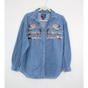Vintage Quizz Again Shirt Women's L Noahs Ark Denim Embroidered 90's Mom Western